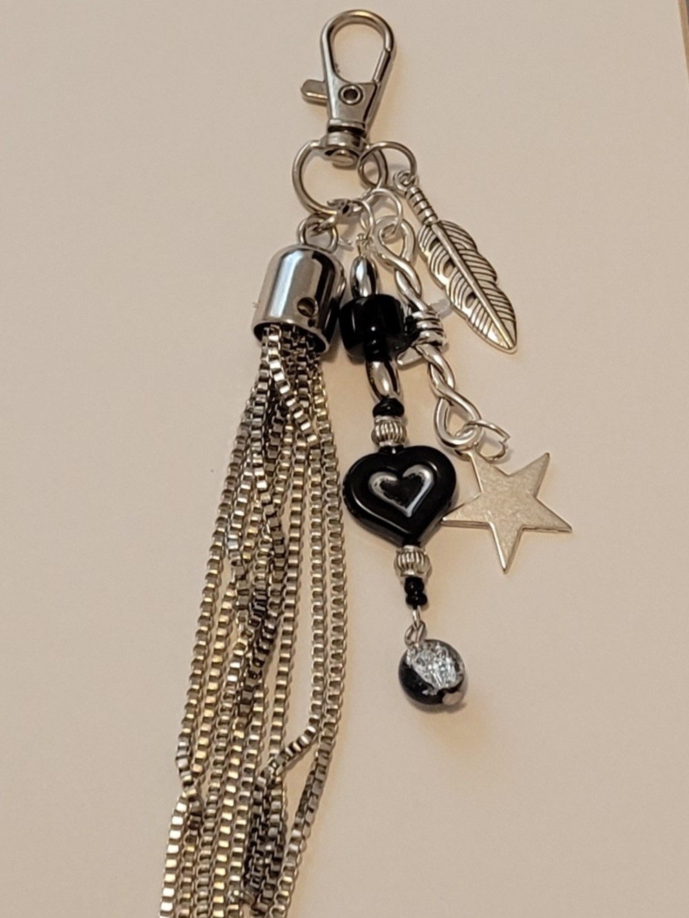 Silver Tassel Keychain with Black Heart and Star Charms